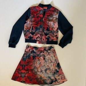 Robert Graham Red and Navy Blue Floral Bomber Jacket and Skirt